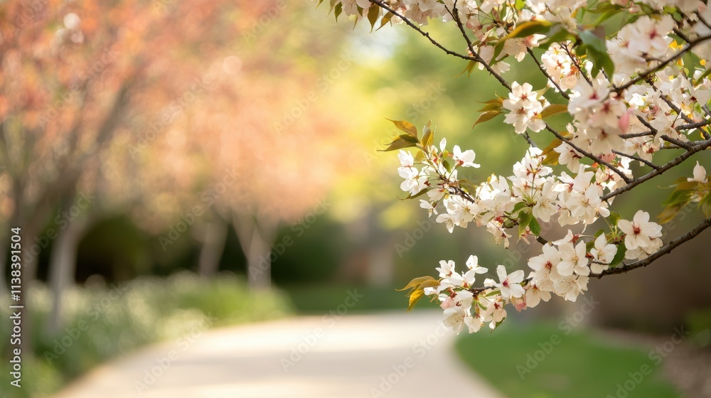 Tranquil spring blossoms along serene treelined path park nature scene soft light outdoor beauty of nature