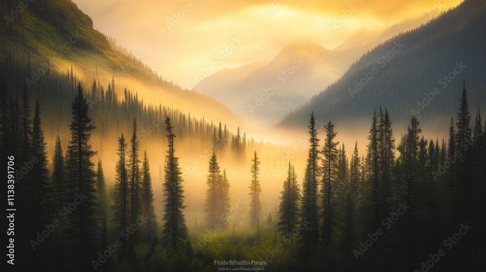 Pine forest and river valley enveloped in morning fog, golden sunrise light revealing intricate natural details. Pine forest and river valley enveloped in morning fog, golden sunrise light revealing intricate natural details.