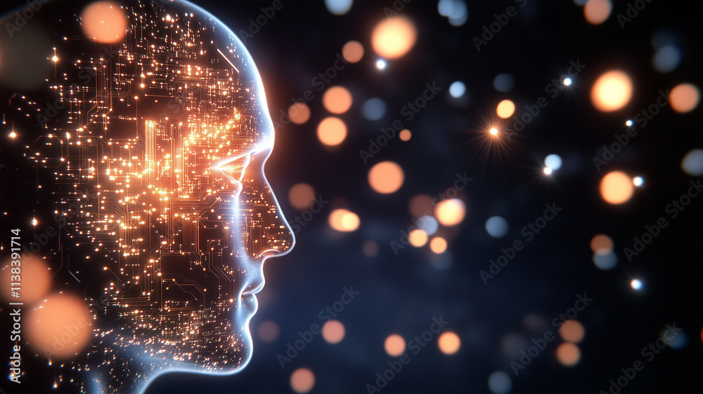 Obraz premium Human Head with Digital Circuitry and AI Connections A realistic rendering of a human head with a visible circuit board inside, representing artificial intelligence. The design hig