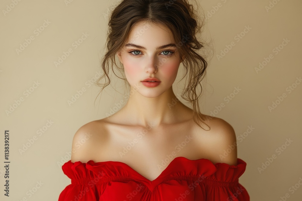 Studio portrait of young woman with curly hair and red off-the-shoulder dress on beige background Studio portrait of young woman with curly hair and red off-the-shoulder dress on beige background