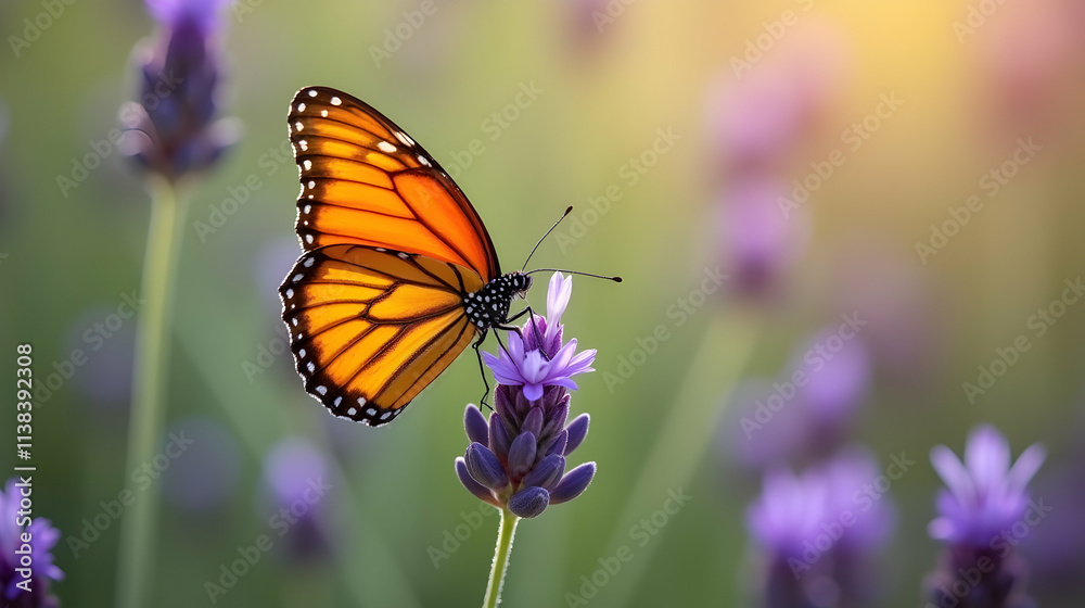 A Monarch butterfly delicately rests on a vibrant lavender blossom, bathed in the warm glow of sunlight. Nature's serene beauty unfolds. A Monarch butterfly delicately rests on a vibrant lavender blossom, bathed in the warm glow of sunlight. Nature's serene beauty unfolds.