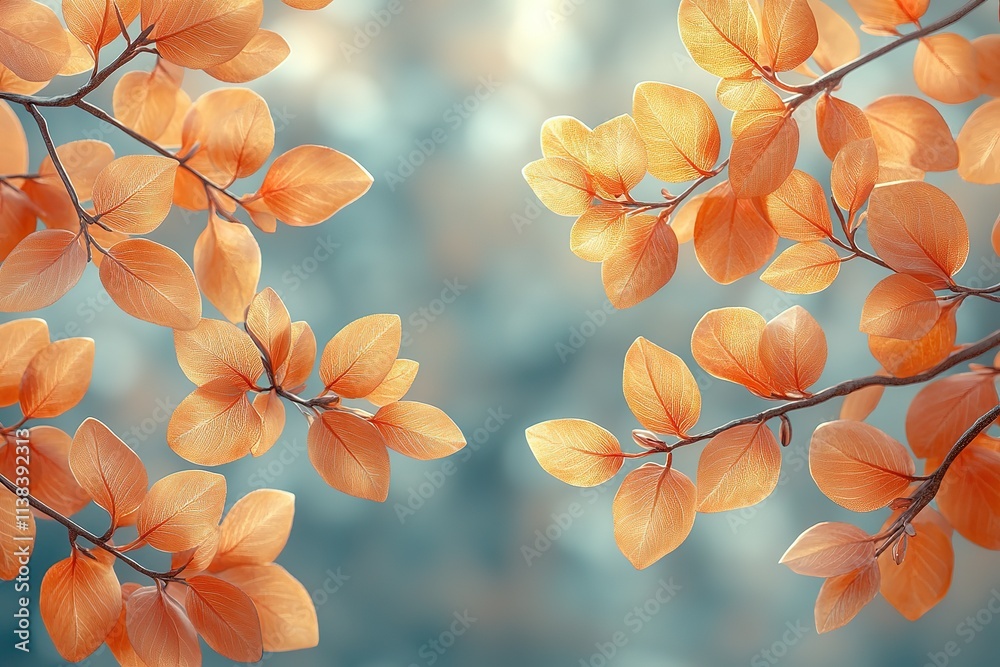 A close up of two branches of orange leaves, with a blue background A close up of two branches of orange leaves, with a blue background