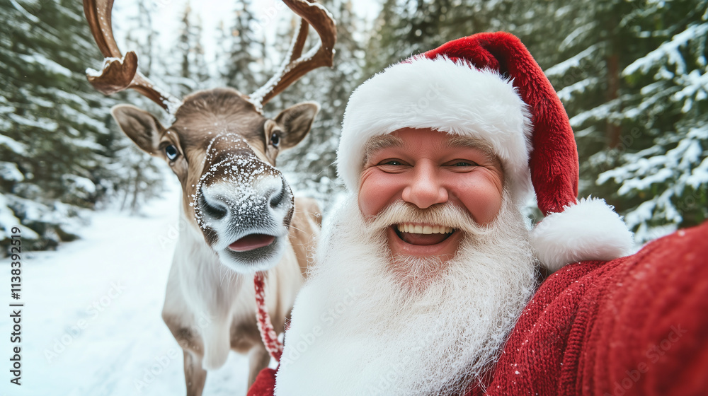 Obraz premium Jolly Santa and Reindeer Selfie in Winter Wonderland Santa Claus, grinning with happiness, takes a selfie with his reindeer in a picturesque snowy setting, surrounded by frosty tre