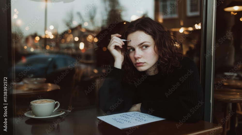 Reflecting on new year resolutions a young woman at a cozy coffee shop thoughtful moments and personal growth insights Reflecting on new year resolutions a young woman at a cozy coffee shop thoughtful moments and personal growth insights
