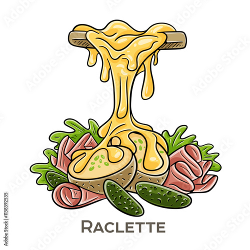 Raclette is a traditional Swiss dish featuring melted cheese scraped onto potatoes and other accompaniments.