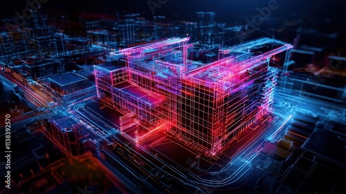 A high-tech 3D representation of a construction site, interactive data layers showing structural integrity analysis and workflow efficiency metrics photo