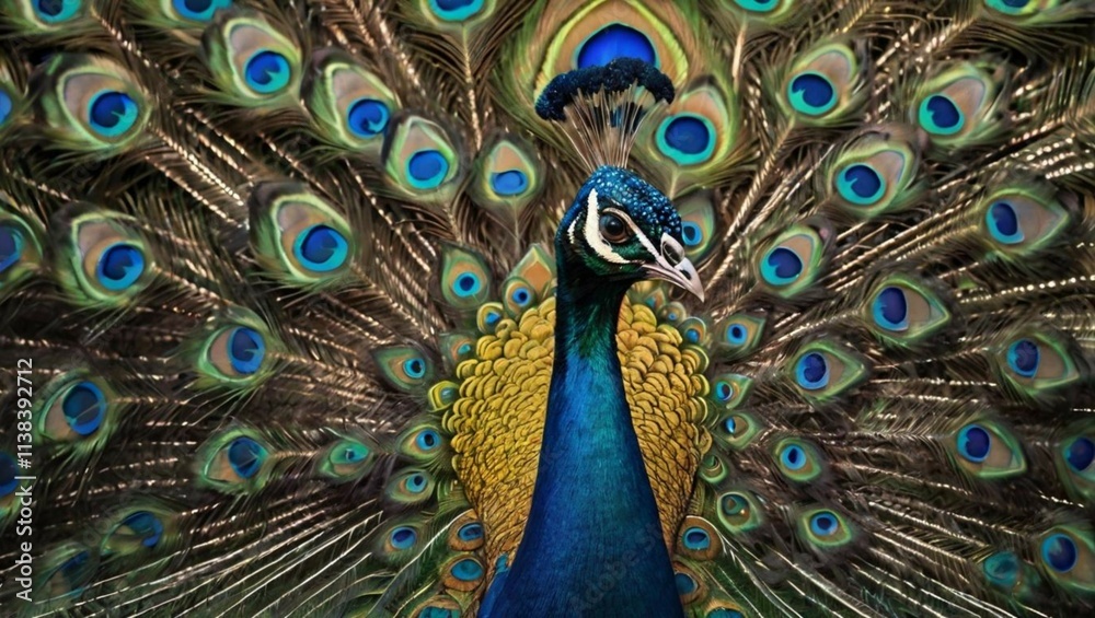 Obraz premium A stunning and intricate illustration of a majestic peacock, its vibrant feathers fully fanned out in a dazzling display of iridescent blues, greens, and golds, with fine details capturing the texture