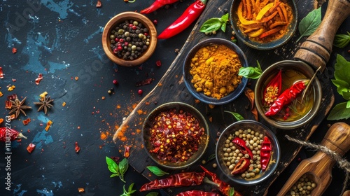 Colorful spices and chili peppers in bowls on a textured surface