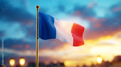 French flag waving at sunset against skyline, symbol of national pride. photo