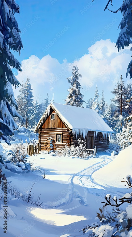Snowy Log Cabin Winter Wonderland Forest Scene Snowy Log Cabin Winter Wonderland Forest Scene