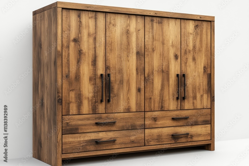 Rustic wooden wardrobe with four doors and two drawers. Rustic wooden wardrobe with four doors and two drawers.
