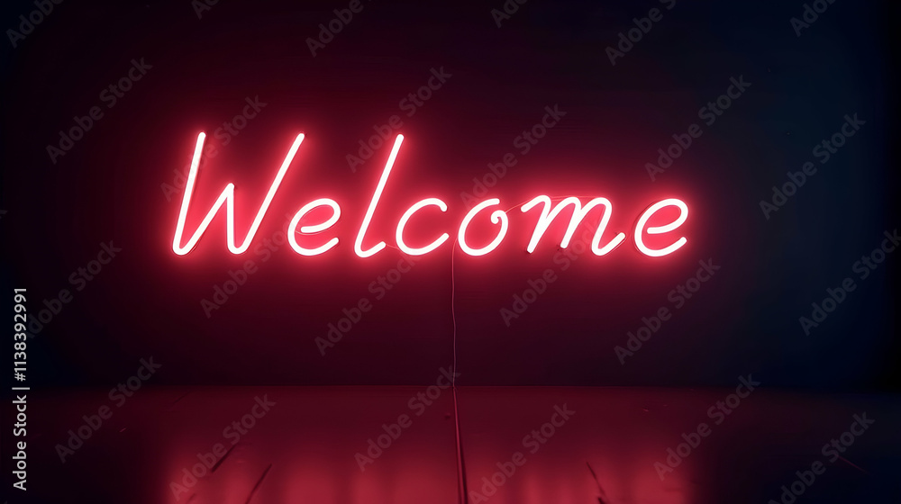 Glowing red neon 'Welcome' sign against a dark background. A warm, inviting ambiance is created by the vibrant light. Glowing red neon 'Welcome' sign against a dark background. A warm, inviting ambiance is created by the vibrant light.