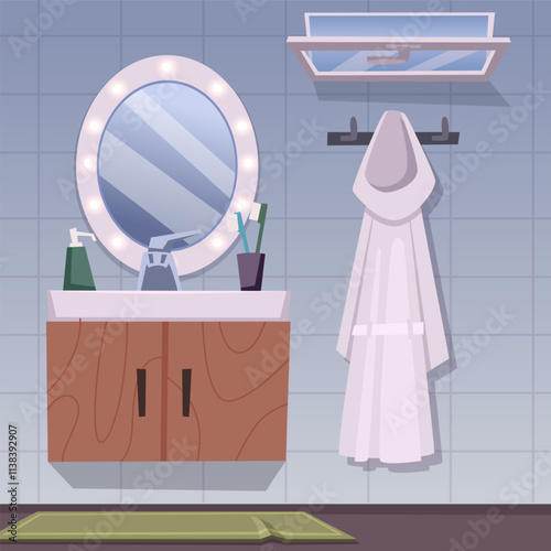 bathroom interior. mirror in room cozy bathrobes. vector illustration in cartoon style