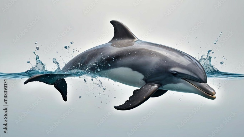 Fototapeta premium A playful and detailed illustration of a dolphin mid-leap, with water droplets cascading off its sleek, glistening body, isolated on a crisp white background.