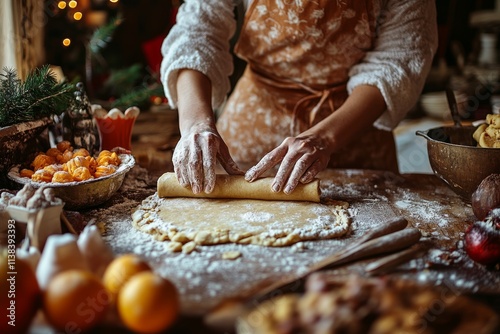 Woman preparing traditional sweets in a rustic kitchen, focus on her hands rolling dough, festive elements in the background, warm lighting  photo