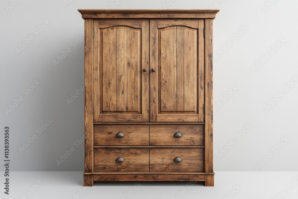 Rustic wooden wardrobe with two doors and three drawers. Rustic wooden wardrobe with two doors and three drawers.
