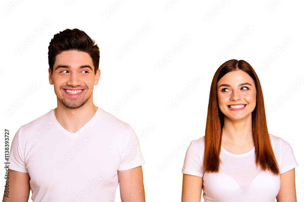 Close up photo two amazing beautiful she her he him his couple standing side by side look each other did trick funky childish mood wear casual white t-shirts outfit clothes isolated yellow background Close up photo two amazing beautiful she her he him his couple standing side by side look each other did trick funky childish mood wear casual white t-shirts outfit clothes isolated yellow background