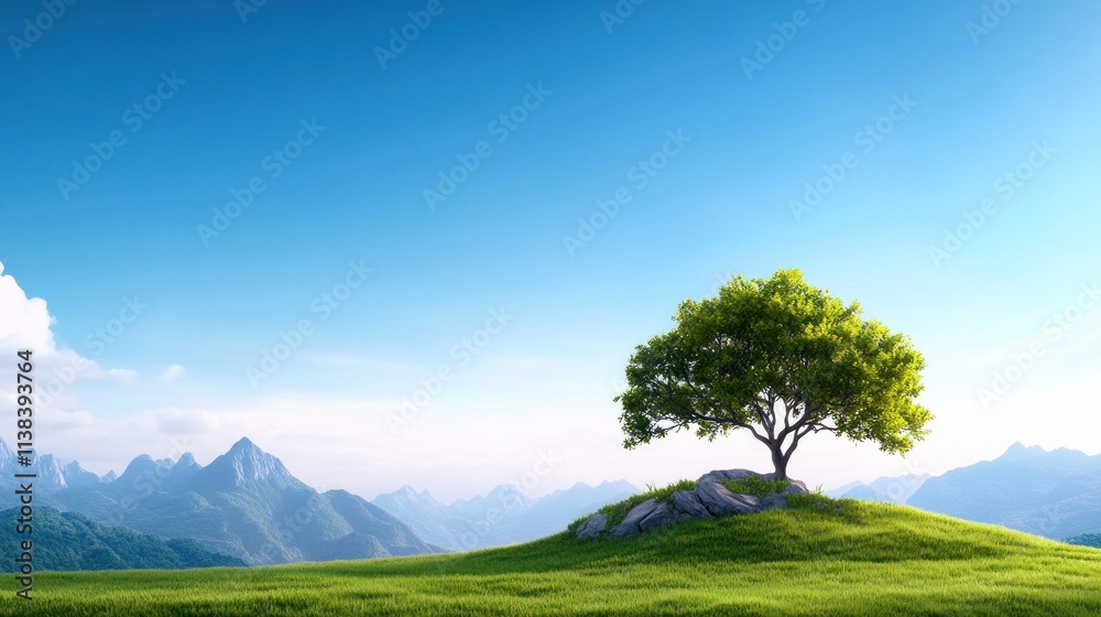 A solitary tree on a grassy hill with mountains in the background. A solitary tree on a grassy hill with mountains in the background.