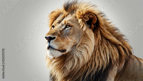 Realistic illustration of a regal lion with a flowing, golden mane, its piercing eyes exuding confidence and power, isolated on a pristine white background photo