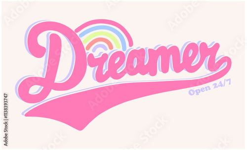 Retro Graphic Design with  Rainbow on Slogan “DREAMER”, in soft colors,vector graphic design.