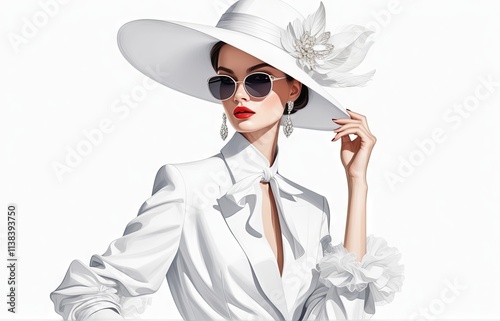 Elegant woman in a stylish white outfit and large hat poses with confidence in a bright, minimalist setting