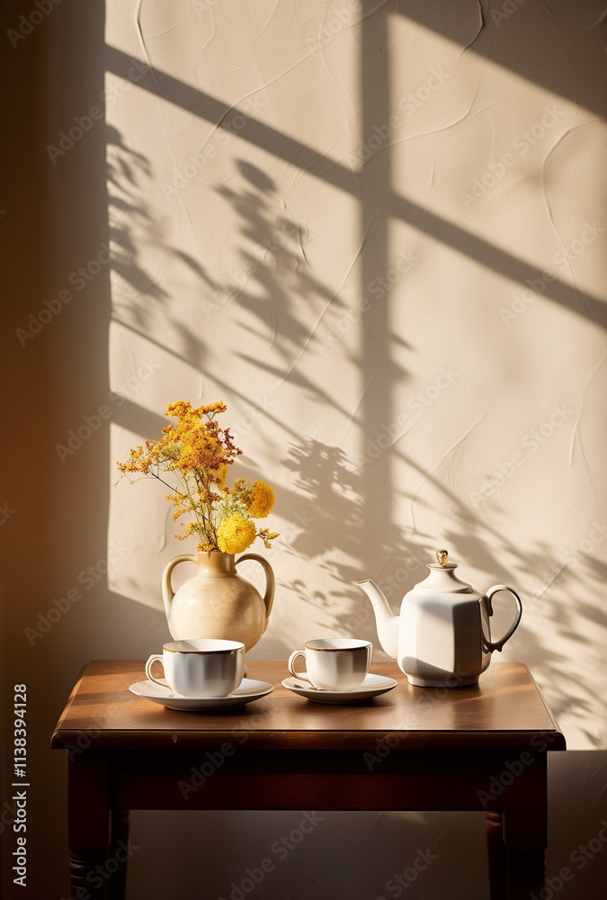 Fototapeta premium Vintage concept of tea cups, pot and sun rises on the table.
