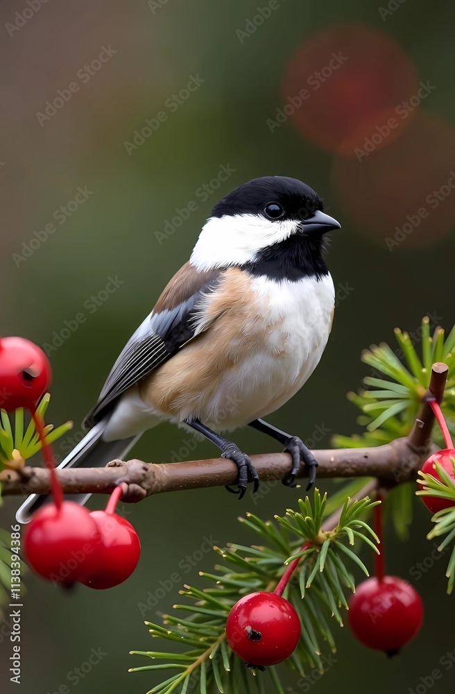 Naklejka premium A tit sitting on a festive branch with red flowers and greenery. Harbinger of spring