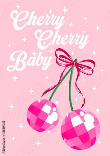 Fashion graphic prints for cherries fruit in disco ball illustration style. Fashion slogan print 