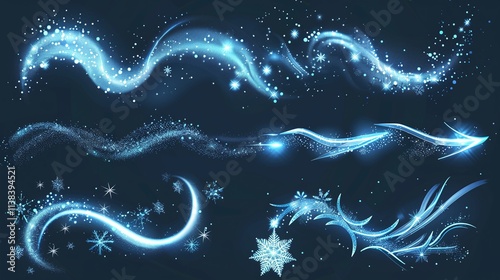 A magical winter scene with shining snowflakes and swirls of glowing light on a blue background.