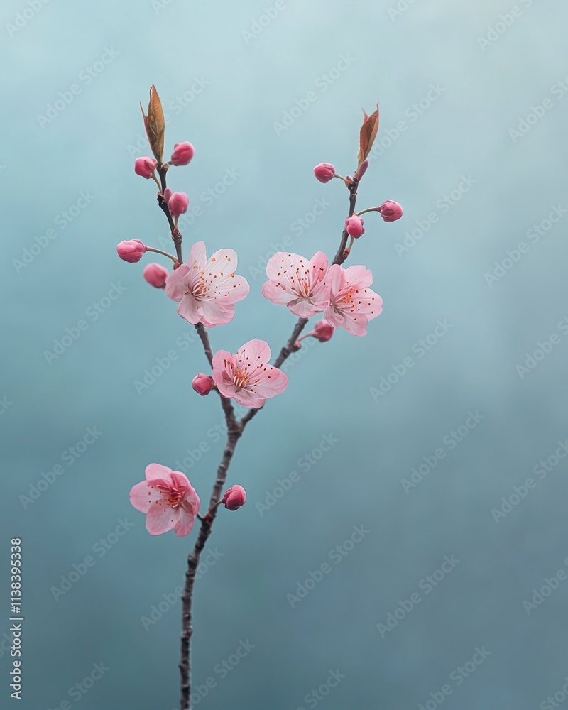 Delicate Branch of Cherry Blossoms with Pink Flowers and Buds Delicate Branch of Cherry Blossoms with Pink Flowers and Buds