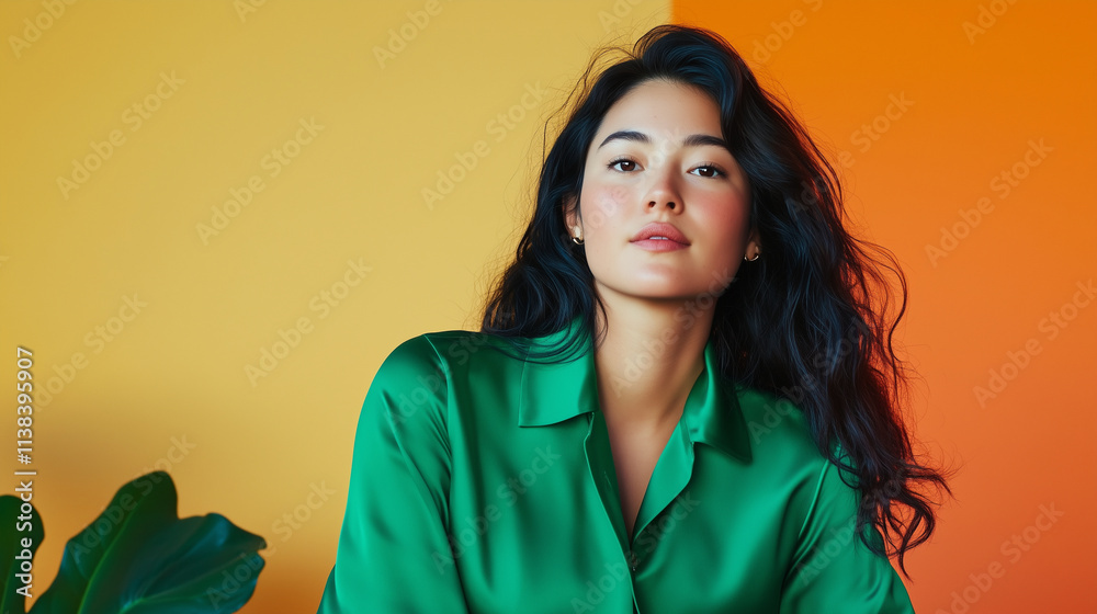 An attractive young woman showcases her style in a green silk shirt, exuding confidence in a studio. An attractive young woman showcases her style in a green silk shirt, exuding confidence in a studio.