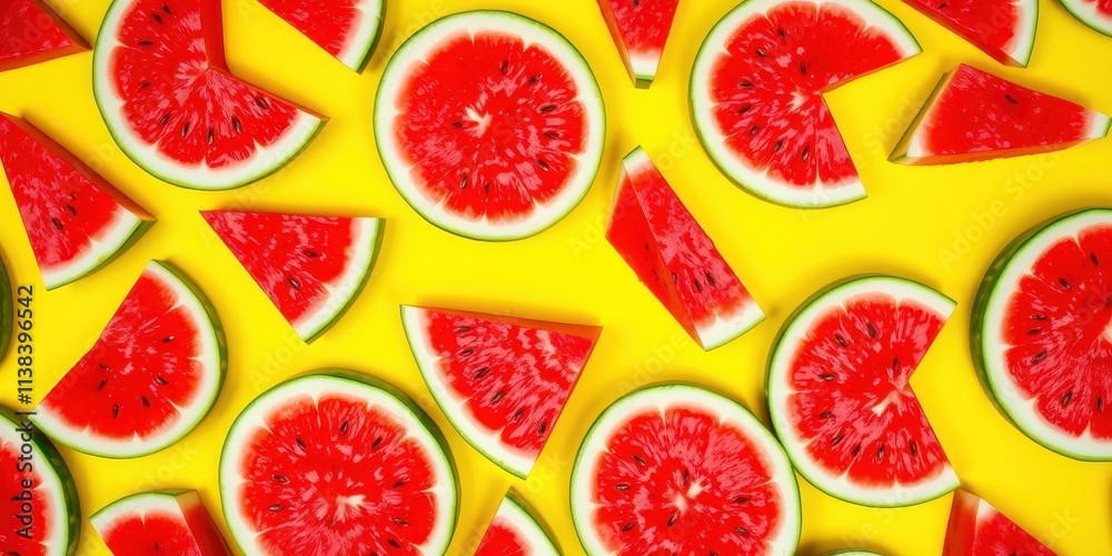 A vibrant summer pattern featuring watermelon slices and wedges arranged on a bright yellow background