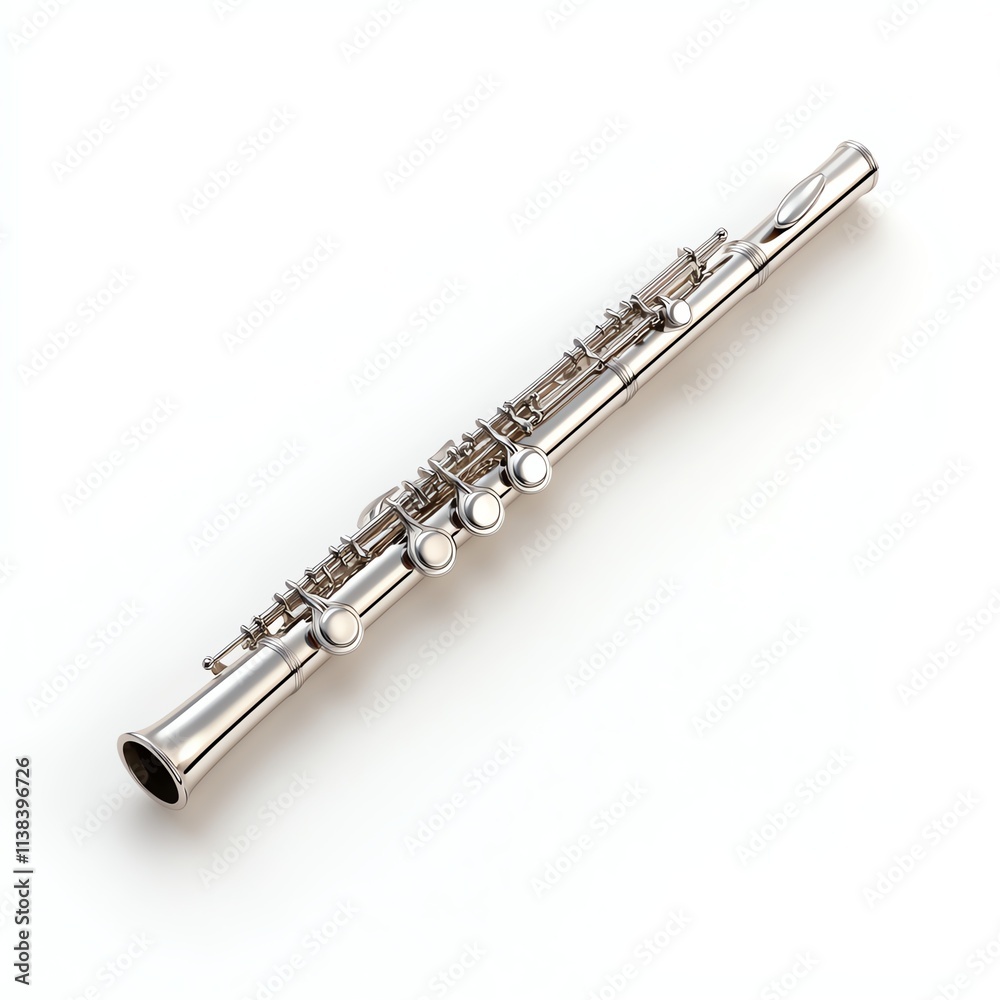 Fototapeta premium A sleek silver flute lying on a flat surface, showcasing its keys and smooth finish, symbolizing musical elegance and craftsmanship.