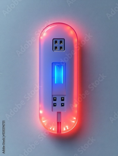 A small device with a blue light and red light on it