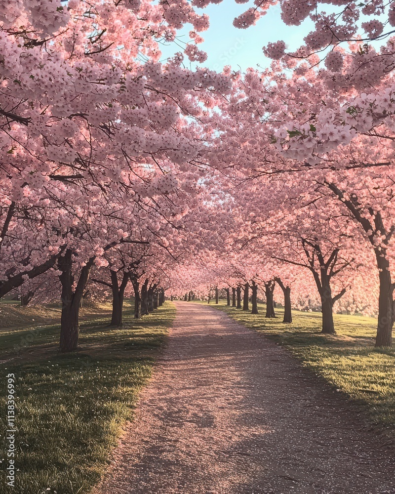 Serene Pathway Through Beautiful Pink Cherry Blossom Trees Serene Pathway Through Beautiful Pink Cherry Blossom Trees