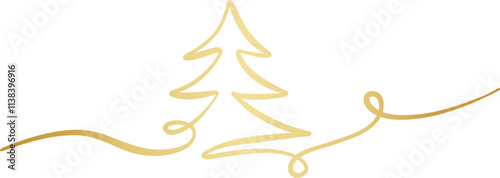 Christmas tree vector linear illustration, single line ribbon flourish banner, festive holiday clip art illustrated