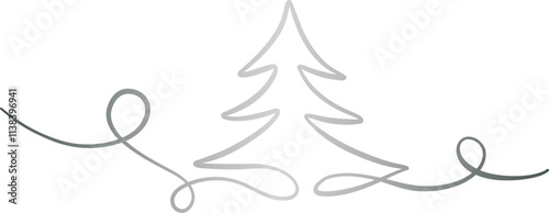 Silver Christmas tree ribbon swirl, pine illustration line art flourish, elegant decorative festive holiday clip art banner design isolated