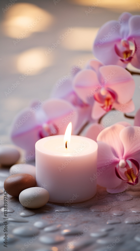 Composition with different spa products and burning candle and flowers. Composition with different spa products and burning candle and flowers.