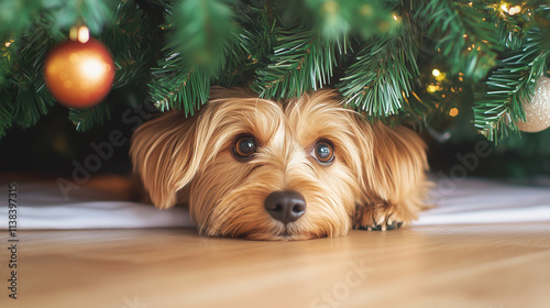 dog under Christmas tree