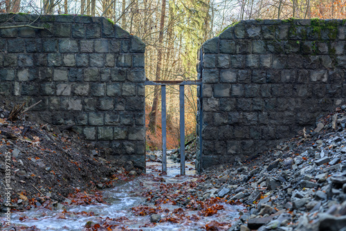 Metal struts in a stone embankment near the forest.
 photo