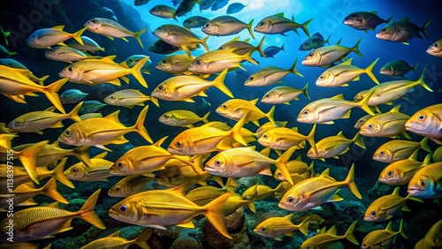 Stunning Yellow Jacks Fish Low Light Underwater Photography - Ocean Reef Scene photo