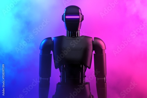 A futuristic robot silhouette amidst colorful smoke, illuminated by vibrant hues of purple and blue.