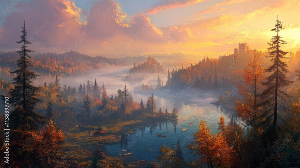 Fototapeta premium River winding through a foggy valley, with pine trees and sunrise light creating a peaceful, breathtaking view.