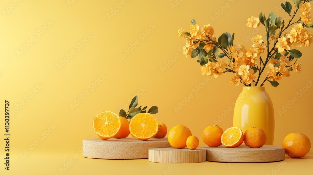 Tangerines, two wooden platforms, a flower vase and Tet decorations are displayed on a yellow background, with copy space Tangerines, two wooden platforms, a flower vase and Tet decorations are displayed on a yellow background, with copy space