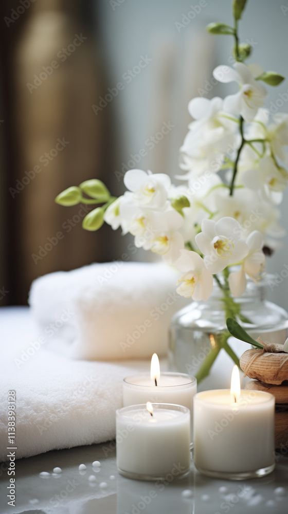 A spa setting featuring a towel rolled up beside lit candles and smooth stones. Fern leaves and a small bowl of black pebbles add to the serene atmosphere, set against a warm wooden background. A spa setting featuring a towel rolled up beside lit candles and smooth stones. Fern leaves and a small bowl of black pebbles add to the serene atmosphere, set against a warm wooden background.