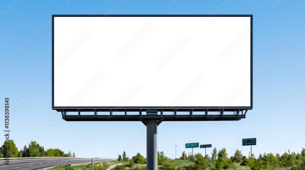 Obraz premium A blank billboard beside a highway under a clear blue sky.