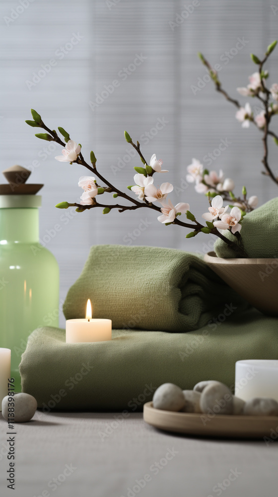 A spa setting featuring a towel rolled up beside lit candles and smooth stones. Fern leaves and a small bowl of black pebbles add to the serene atmosphere, set against a warm wooden background. A spa setting featuring a towel rolled up beside lit candles and smooth stones. Fern leaves and a small bowl of black pebbles add to the serene atmosphere, set against a warm wooden background.