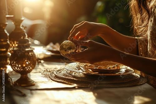 Woman placing festive ornaments on a dining table set for iftar, warm sunlight streaming in, focus on her hands and the intricate details photo