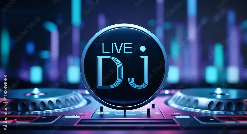 Live dj word lettering on a button in digital tech blur background Live dj word lettering on a button in digital tech blur background