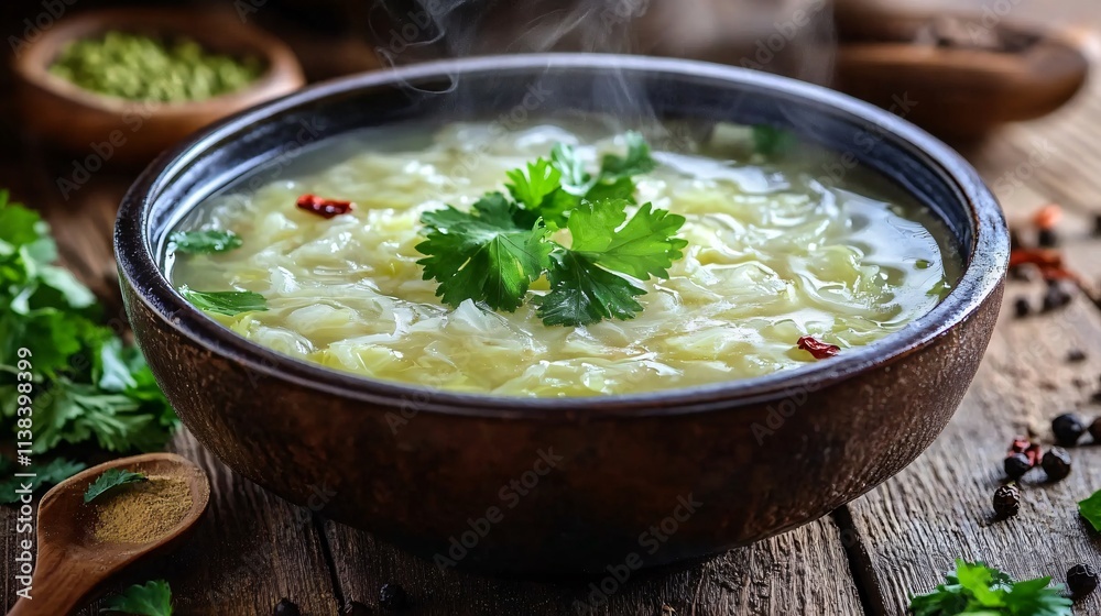 A steaming bowl of Chinese cabbage soup with parsley, served on a rustic wooden table with scattered spices A steaming bowl of Chinese cabbage soup with parsley, served on a rustic wooden table with scattered spices